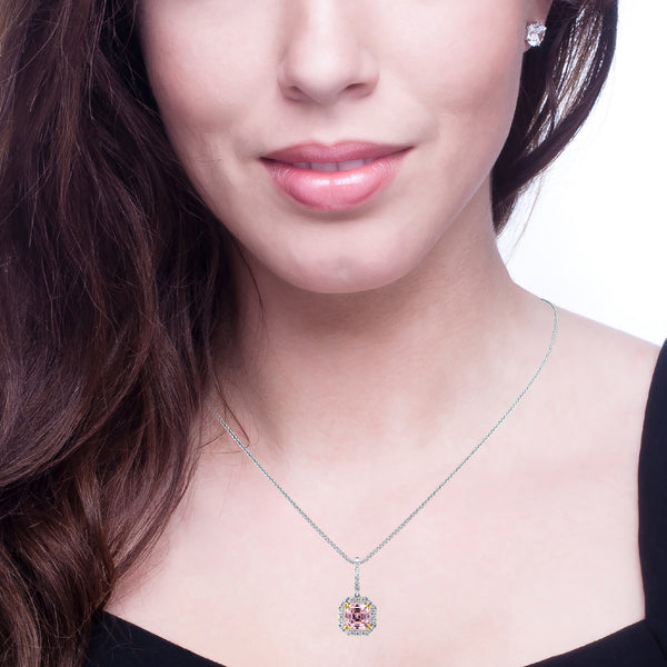 Sterling Fancy Light Pink Asscher Cut Pendant on 18" Sterling Silver 1.1mm Round Wheat  Chain (Pendant & Chain Sold Together. Pendant is Removable from Chain).