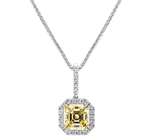 Sterling Fancy Light Yellow Asscher Cut Pendant on 18" Sterling Silver 1.1mm Round Wheat  Chain (Pendant & Chain Sold Together. Pendant is Removable from Chain).