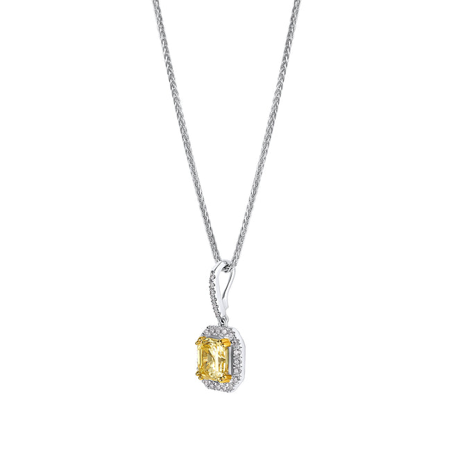 Sterling Fancy Light Yellow Asscher Cut Pendant on 18" Sterling Silver 1.1mm Round Wheat  Chain (Pendant & Chain Sold Together. Pendant is Removable from Chain).