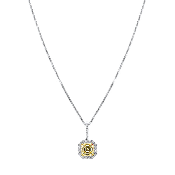 Sterling Fancy Light Yellow Asscher Cut Pendant on 18" Sterling Silver 1.1mm Round Wheat  Chain (Pendant & Chain Sold Together. Pendant is Removable from Chain).