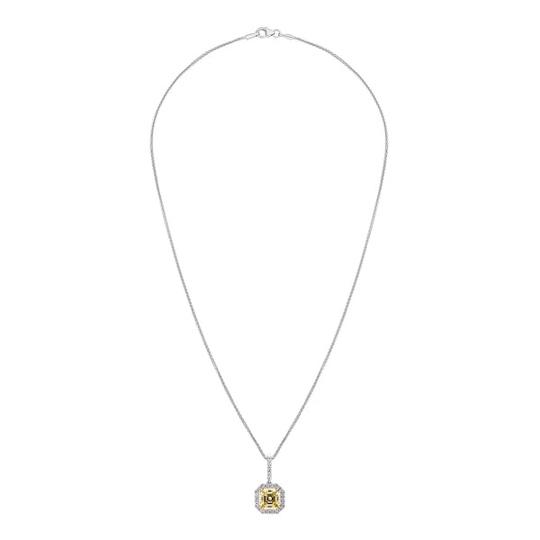 Sterling Fancy Light Yellow Asscher Cut Pendant on 18" Sterling Silver 1.1mm Round Wheat  Chain (Pendant & Chain Sold Together. Pendant is Removable from Chain).