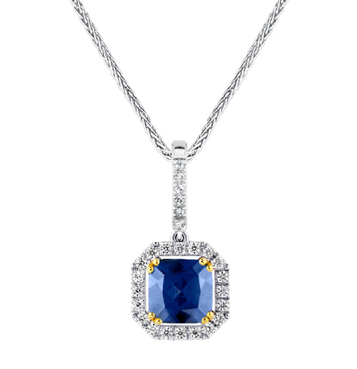 Sterling Lab Created Sapphire Cushion Cut Pendant 18" Sterling Silver 1.1mm Round Wheat Chain (Pendant & Chain Sold Together. Pendant is Removable from Chain).