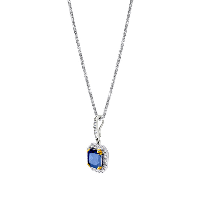 Sterling Lab Created Sapphire Cushion Cut Pendant 18" Sterling Silver 1.1mm Round Wheat Chain (Pendant & Chain Sold Together. Pendant is Removable from Chain).