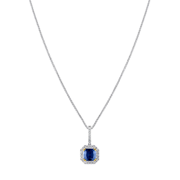 Sterling Lab Created Sapphire Cushion Cut Pendant 18" Sterling Silver 1.1mm Round Wheat Chain (Pendant & Chain Sold Together. Pendant is Removable from Chain).