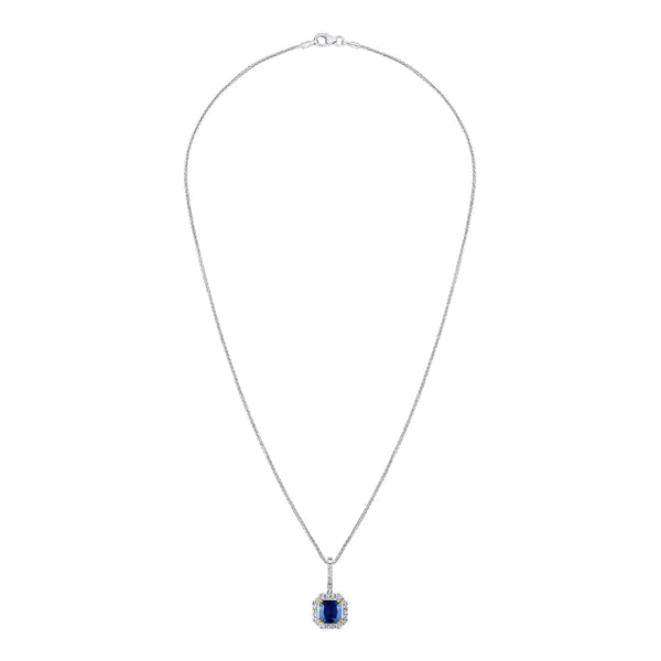 Sterling Lab Created Sapphire Cushion Cut Pendant 18" Sterling Silver 1.1mm Round Wheat Chain (Pendant & Chain Sold Together. Pendant is Removable from Chain).
