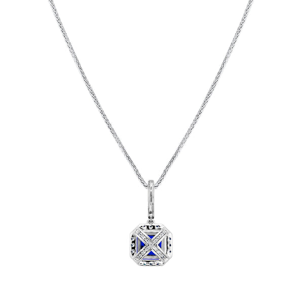 Sterling Lab Created Sapphire Cushion Cut Pendant 18" Sterling Silver 1.1mm Round Wheat Chain (Pendant & Chain Sold Together. Pendant is Removable from Chain).