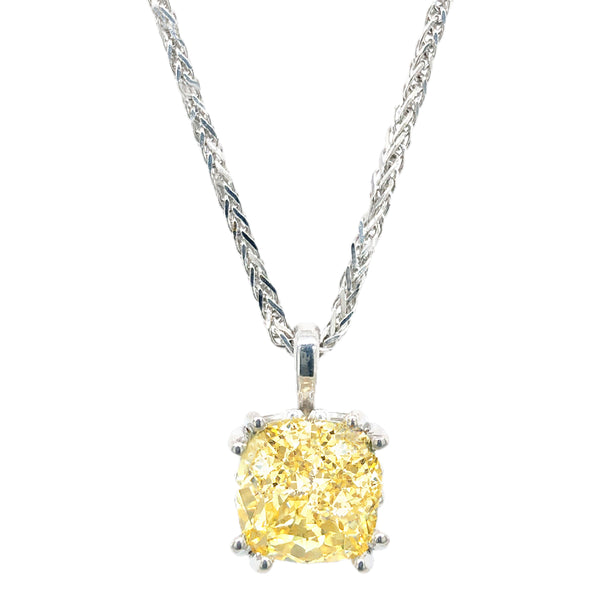 Sterling 10mm Fancy Light Yellow Cushion Cut Scroll Pendant on 18" Diamond Cut Wheat Chain