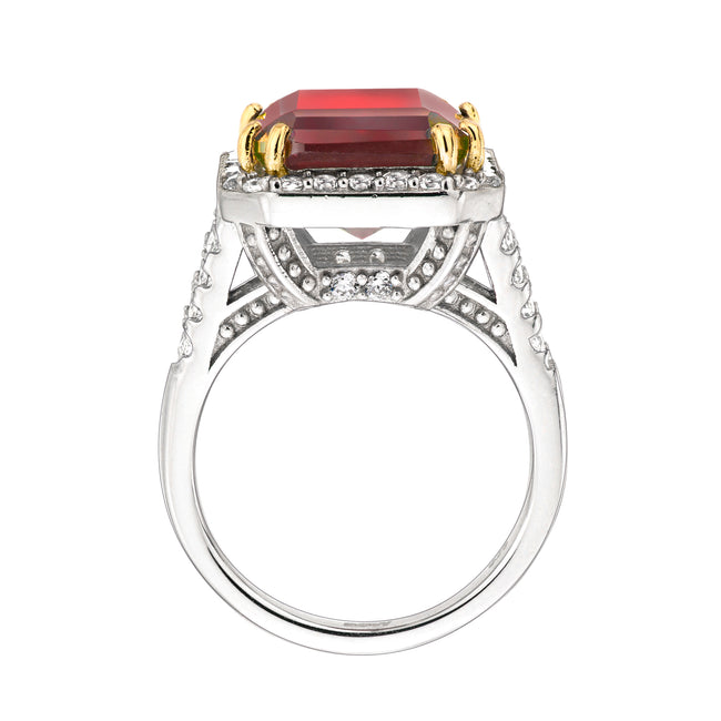 Sterling Silver 8 Carat Deep Crimson Emerald Cut Ring with 18 KGP Prongs