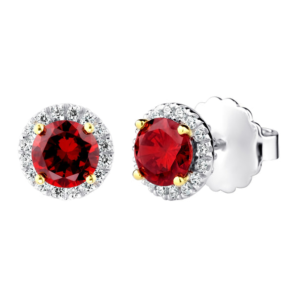 Sterling Silver 1 Carat Garnet-Hued Round Solana Studs with Halo and 18 KGP Prongs