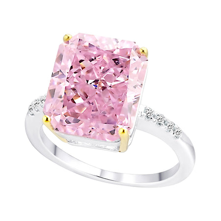 Sterling Silver Fancy Light Pink Radiant Cushion & Clear Trillion Ring with 18 KGP Prongs