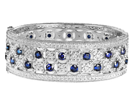 Sterling Silver Lab Created Sapphire Cushion & Clear Trillion Ring with 18 KGP Prongs