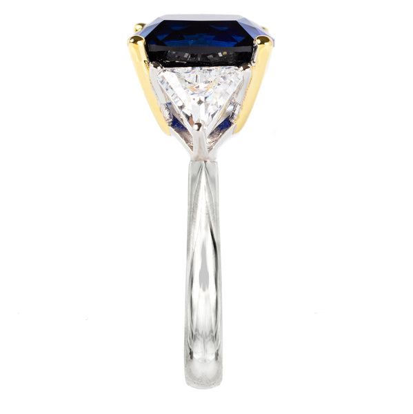 Sterling Silver Lab Created Sapphire Cushion & Clear Trillion Ring with 18 KGP Prongs