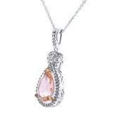 Silver Morganite-Hued Victorian Pear Shaped Necklace with Halo and 18 KGP Prongs