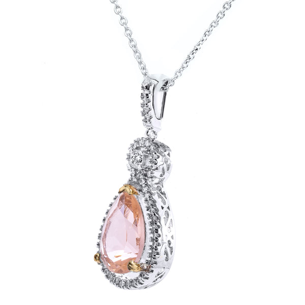 Silver Morganite-Hued Victorian Pear Shaped Necklace with Halo and 18 KGP Prongs
