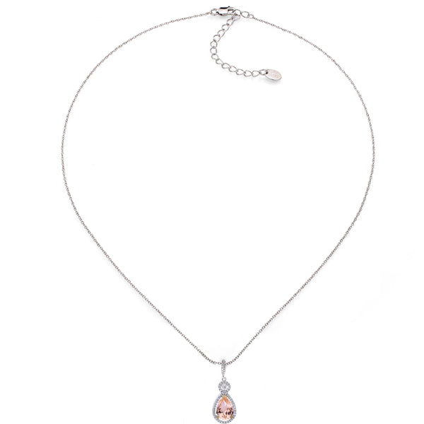 Silver Morganite-Hued Victorian Pear Shaped Necklace with Halo and 18 KGP Prongs