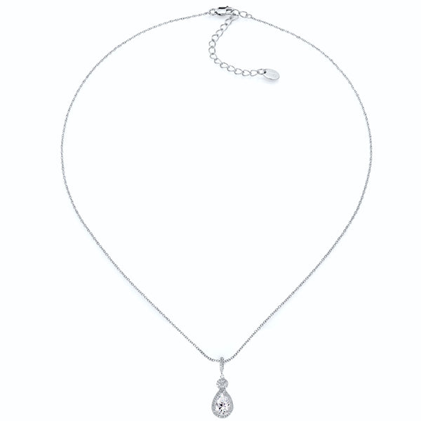 Silver Victorian Clear Pear-Shaped Necklace with Halo