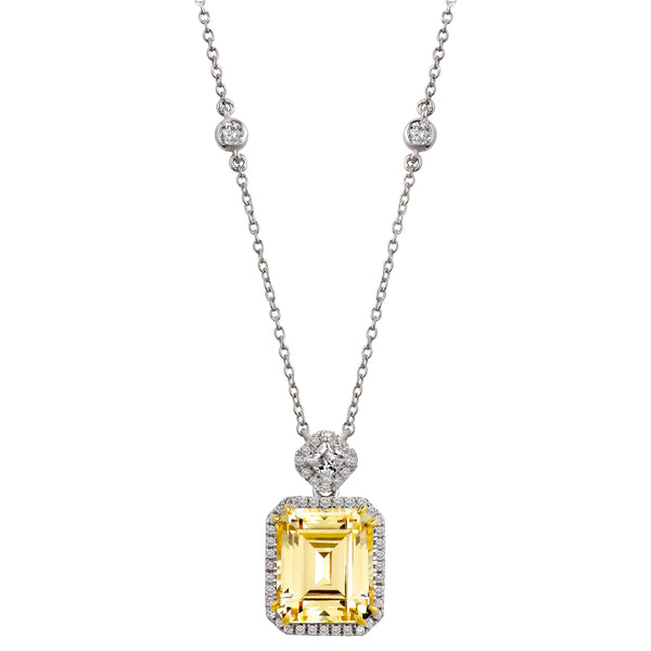 Silver Fancy Light Yellow Emerald Cut Station Necklace with 18 KGP Prongs