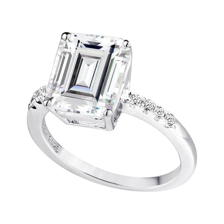 Sterling Silver 8 Carat Sapphire Hued Emerald Cut Ring with 18 KGP Prongs