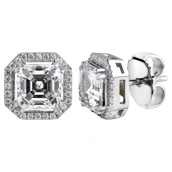 Sterling Silver 3 Carat Clear Asscher Cut Studs with Halo