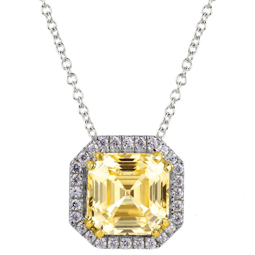 Sterling Silver Fancy Light Yellow 3 Carat Asscher Cut Necklace with Halo and 18 KGP Prongs