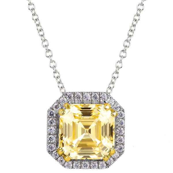 Sterling Silver Fancy Light Yellow 3 Carat Asscher Cut Necklace with Halo and 18 KGP Prongs
