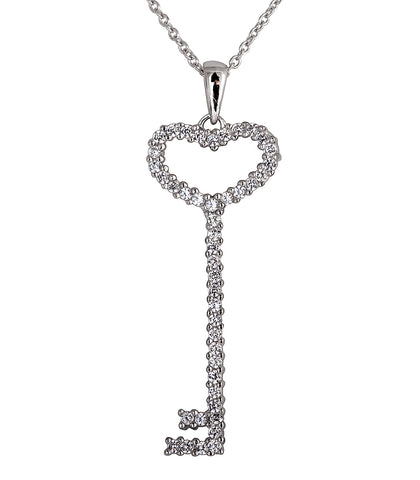 Sterling Silver Cubic Zirconia Thin Pavé Heart Key Pendant