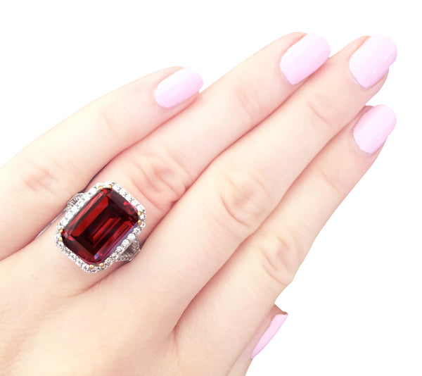 Sterling Silver 8 Carat Deep Crimson Emerald Cut Ring with 18 KGP Prongs