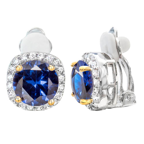 Silver 3 Carat Sapphire-Hued Cushion Cut Clips with 18 KGP Prongs
