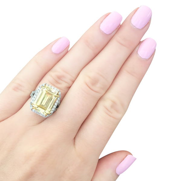 Sterling Silver 8 Carat Fancy Light Yellow Emerald Cut Ring with 18 KGP Prongs