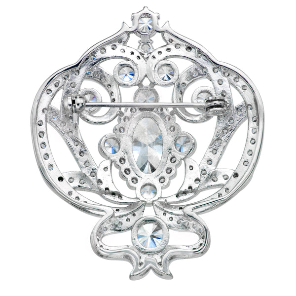 Silver Ornate Regal Brooch with Clear Center Stone
