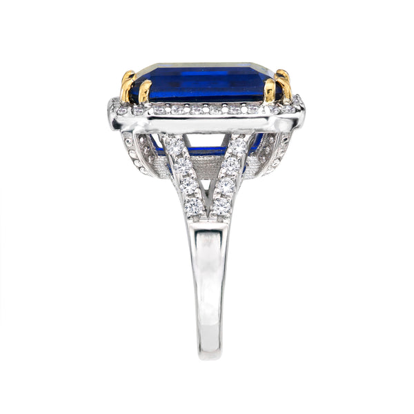 Sterling Silver 8 Carat Sapphire Hued Emerald Cut Ring with 18 KGP Prongs