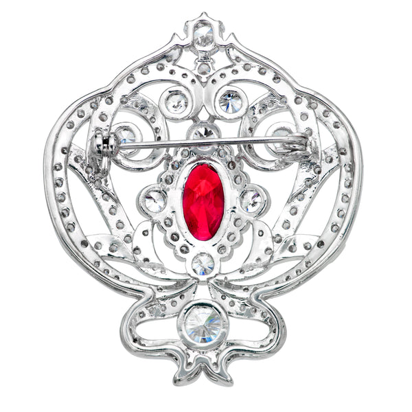 Silver Ornate Regal Brooch with Ruby Red Center Stone and 18 KGP Prongs