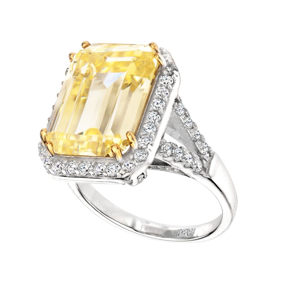 Bague Cocktail En Argent 925 Avec Zirconium Cubique Taille émeraude 8ct - Style Art Déco - Pierre Centrale Jaune Canari - 2